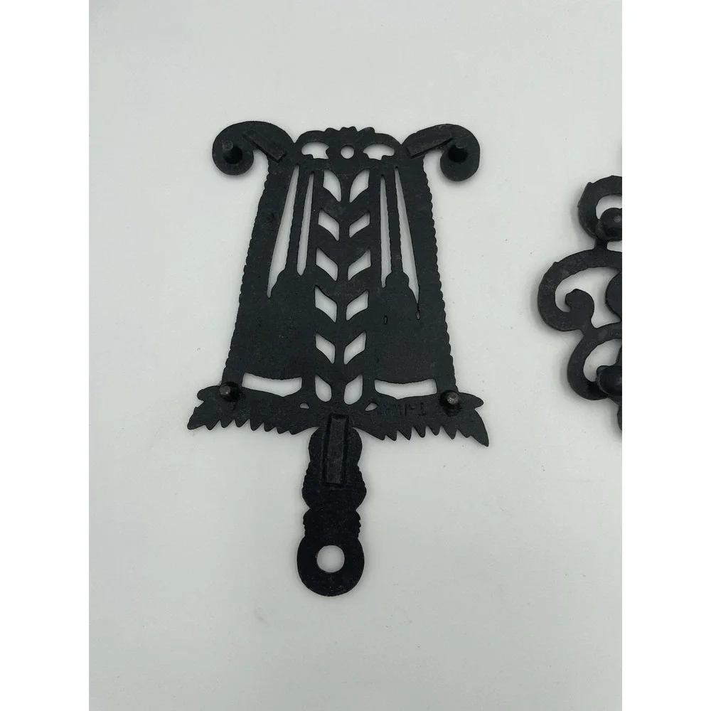 Vintage MCM  Set of 2 Black Cast Iron Trivets Wall Hangings Tree Brooms